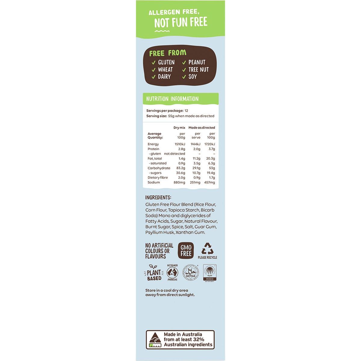Right side of Well & Good Crumble Cake Mix box showing "free from" logos, barcode, and storage instructions.