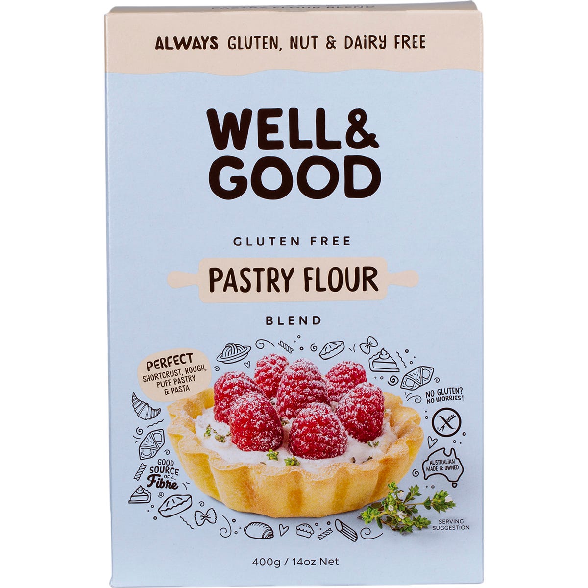 Well & Good 400g Pastry Flour Blend bag with images of croissants, pies, and pasta on a white background.