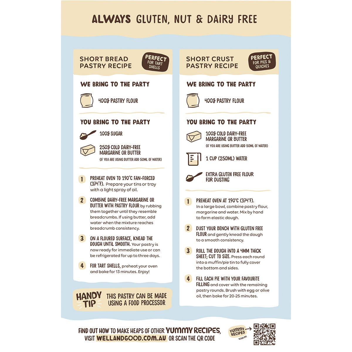 Back of Well & Good 400g Pastry Flour pack with ingredients, nutrition facts, and preparation instructions.