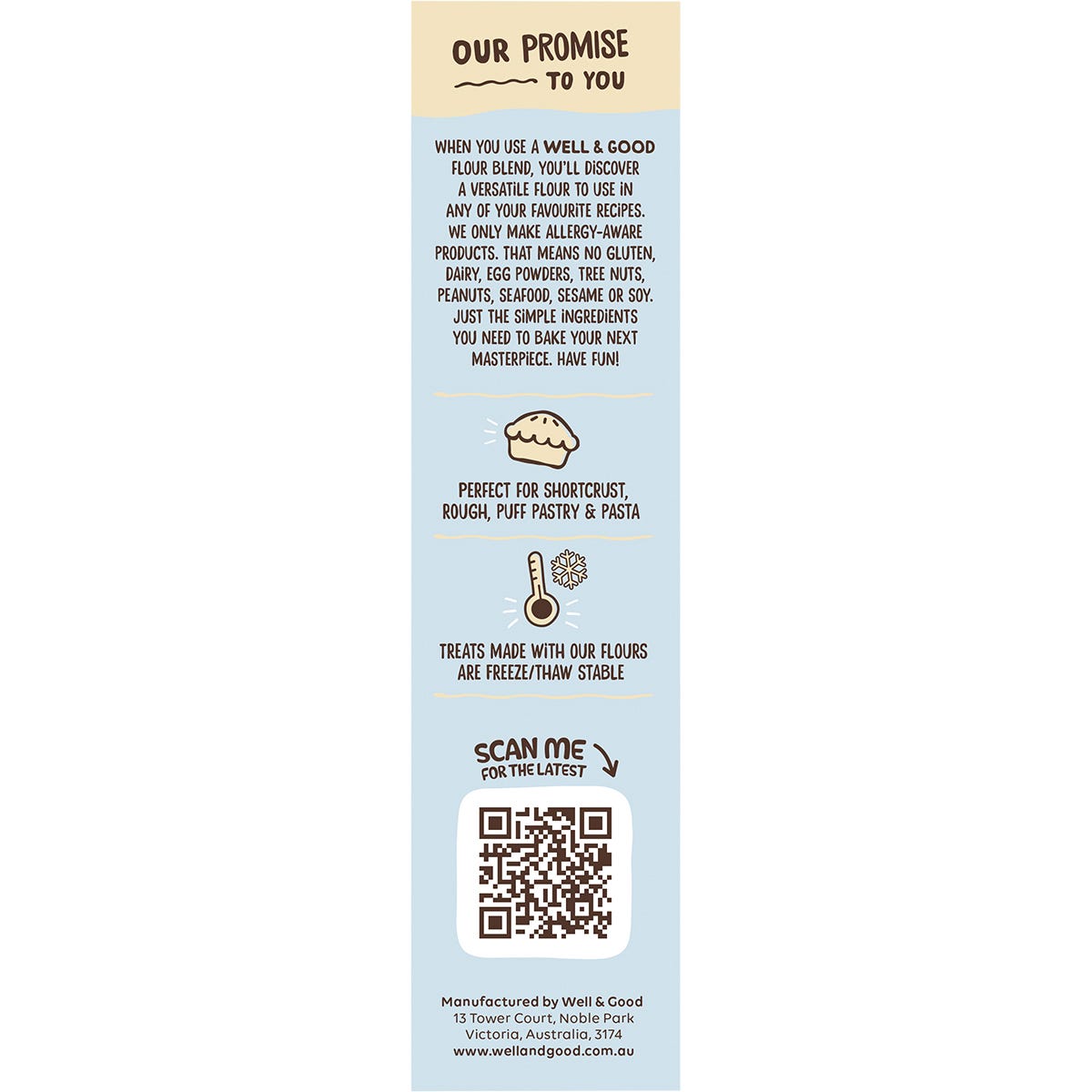 Side view of Well and Good 400g Pastry Flour bag showing gluten-free and allergen-free benefits on a white background.