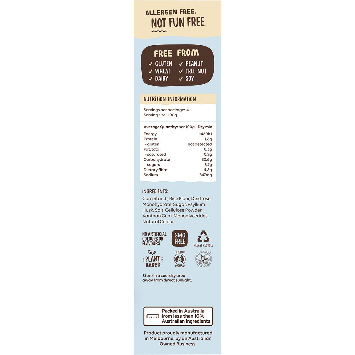 Right side of a Well & Good 400g Pastry Flour bag with a "Nut Free" logo and a Melbourne-made map on a white background.