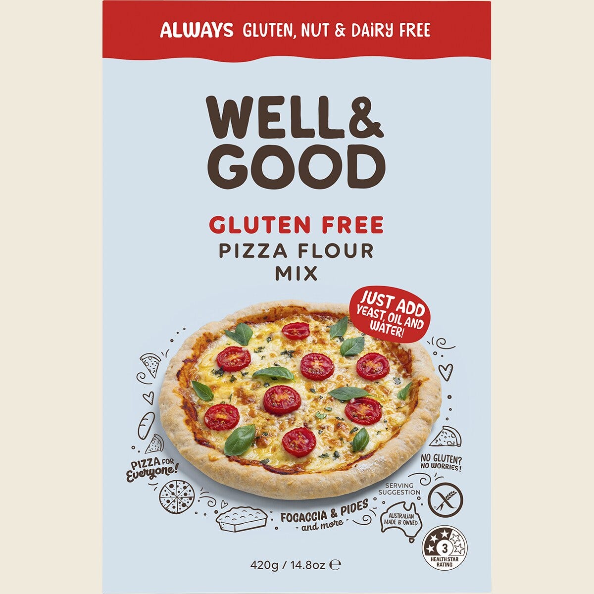 420g bag of Well and Good Gluten Free Pizza Flour Mix featuring a picture of a topped pizza crust.