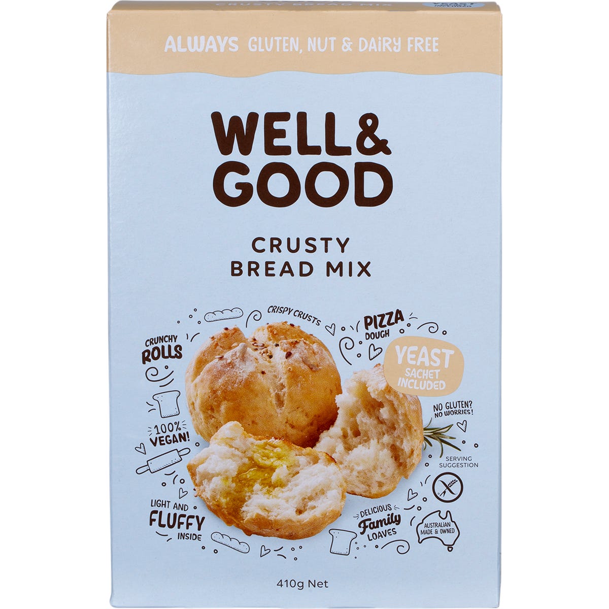 410g box of Well & Good Gluten Free Crusty Bread Mix with a picture of sliced bread and a baguette on the front.