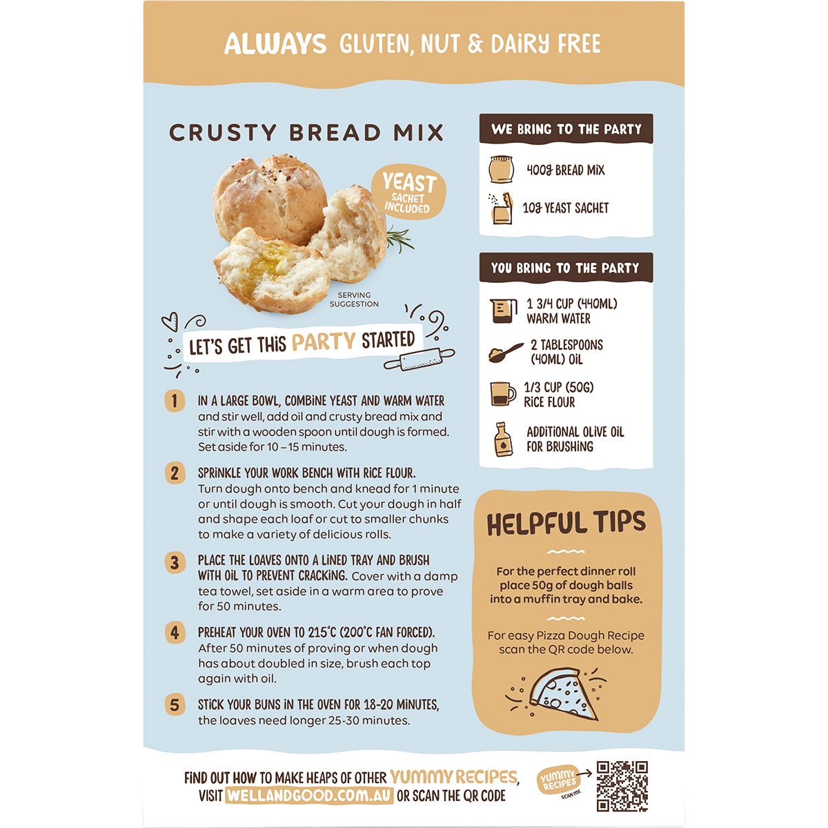Back of Well & Good Crusty Bread Mix box with ingredients, nutrition facts, and preparation instructions.