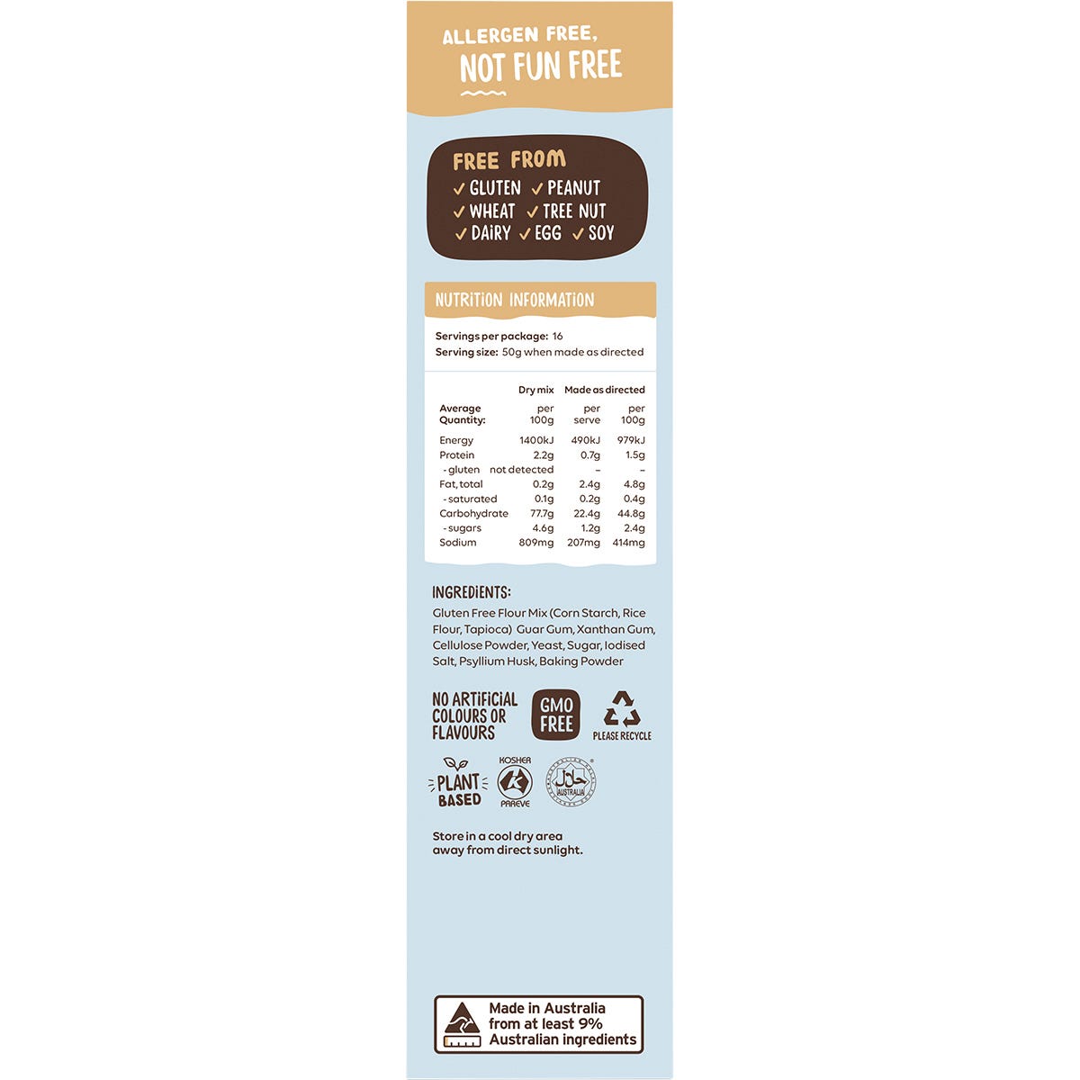Right side of Well & Good Crusty Bread Mix box showing recipes for pizza bases, bagels, and crusty rolls.