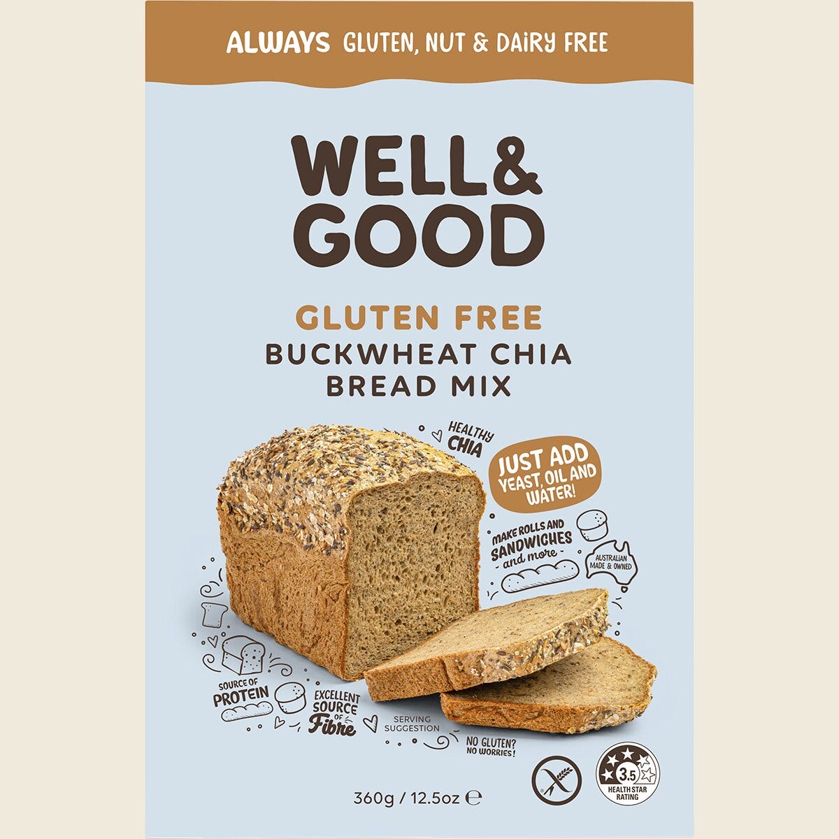360g box of Well and Good Gluten Free Buckwheat and Chia Bread Mix featuring a pictured loaf on a teal and white package.