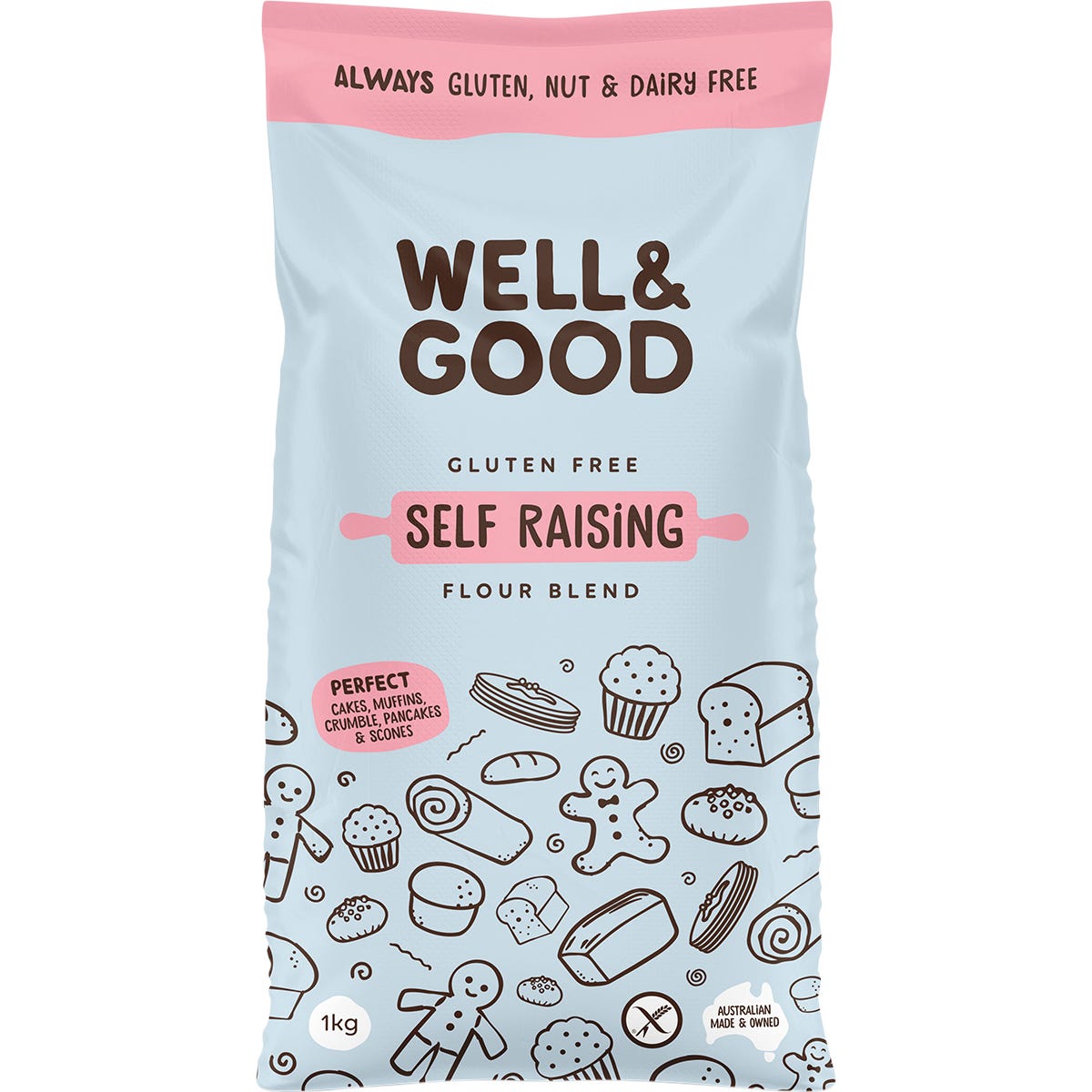 1kg bag of Well & Good Gluten Free Self Raising Flour Blend with a yellow label and blue text.