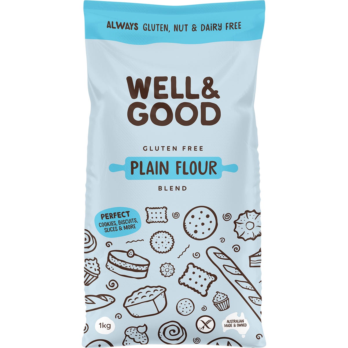 1kg bag of Well & Good Gluten Free Plain Flour Blend featuring a green and white label with a baking illustration.
