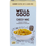 Well & Good Cheesy Mac 110g box with Traditional Cheddar flavor, featuring gluten-free and vegan macaroni and cheese.