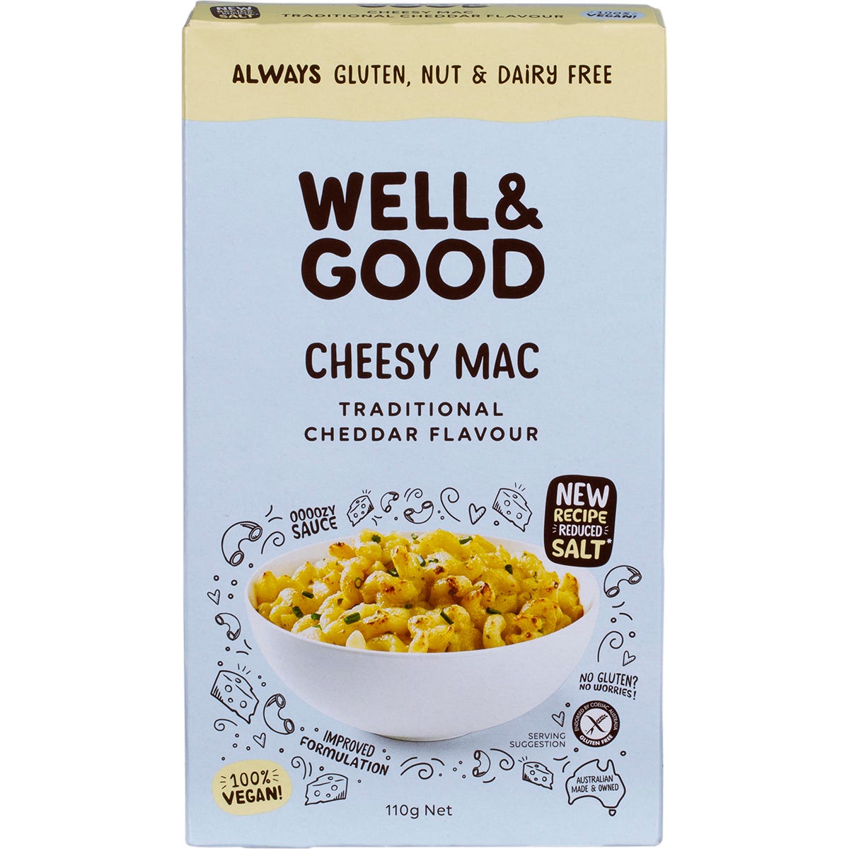 Well & Good Cheesy Mac 110g box with Traditional Cheddar flavor, featuring gluten-free and vegan macaroni and cheese.