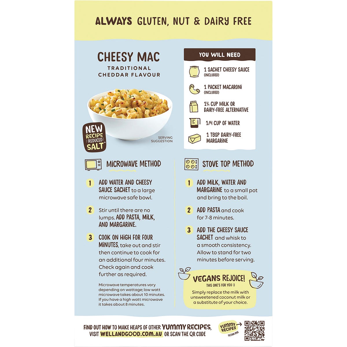 Back of Well & Good Cheesy Mac 110g box with ingredients, nutrition facts, and preparation instructions.