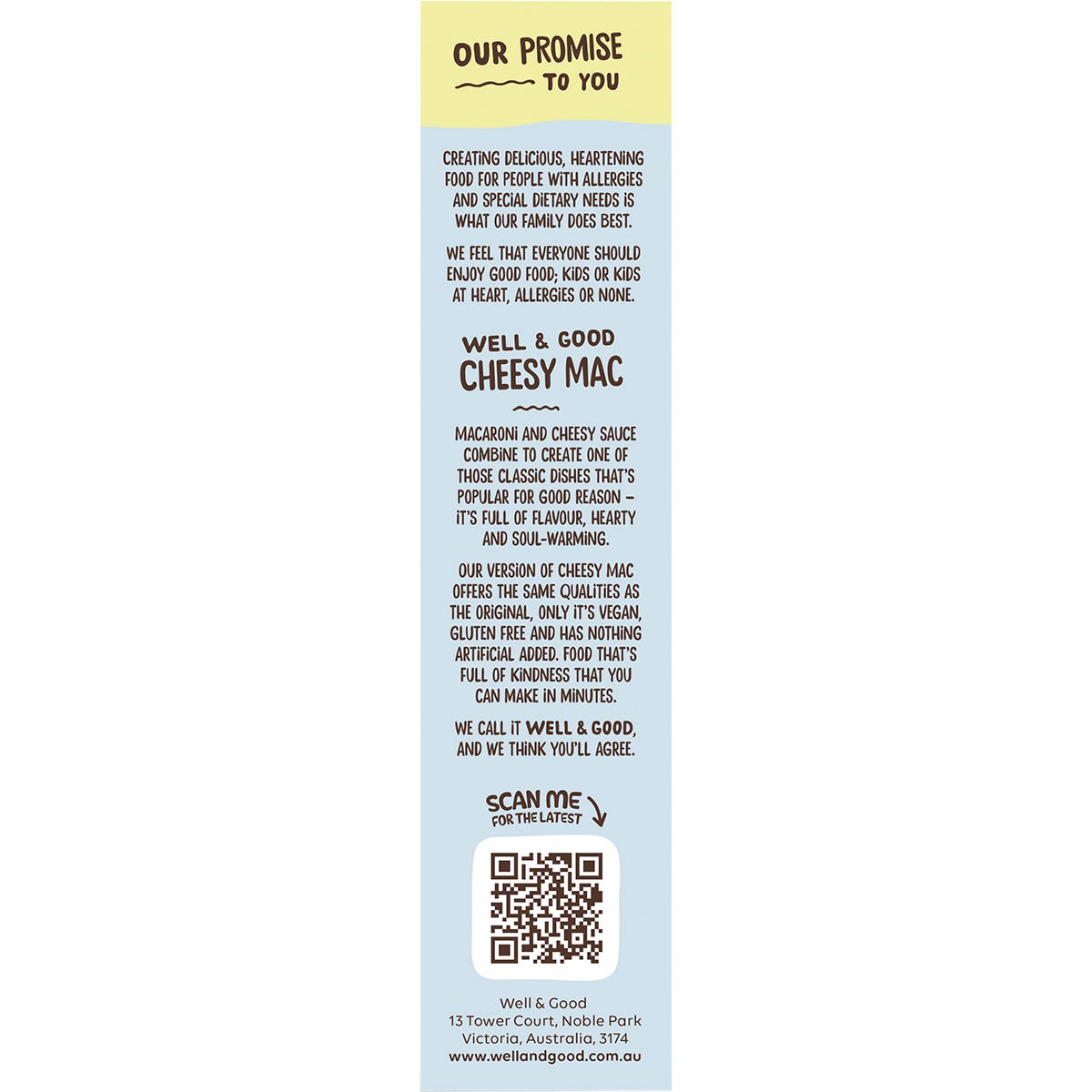 Side view of Well & Good Cheesy Mac box highlighting "No Artificial Colours or Flavours" and gluten-free benefits.