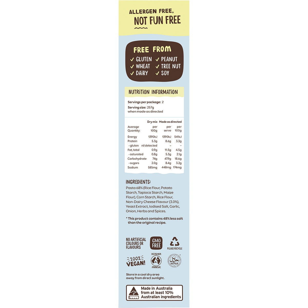 Side view of Well & Good Cheesy Mac box showing "No Artificial Colours or Flavours" and gluten-free logos.