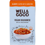 Well & Good Vegan Bolognese with Macaroni 110g box featuring a bowl of pasta with tomato sauce and herbs.