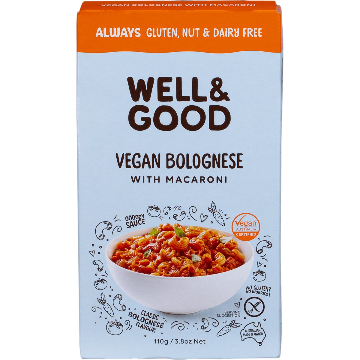 Well & Good Vegan Bolognese with Macaroni 110g box featuring a bowl of pasta with tomato sauce and herbs.