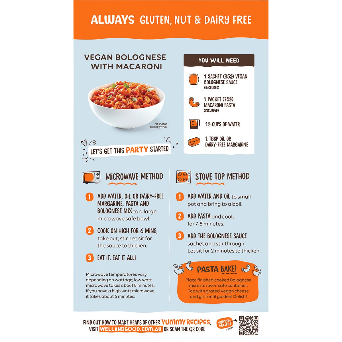 Back of Well & Good Vegan Bolognese 110g box with ingredients, nutrition facts, and preparation instructions.
