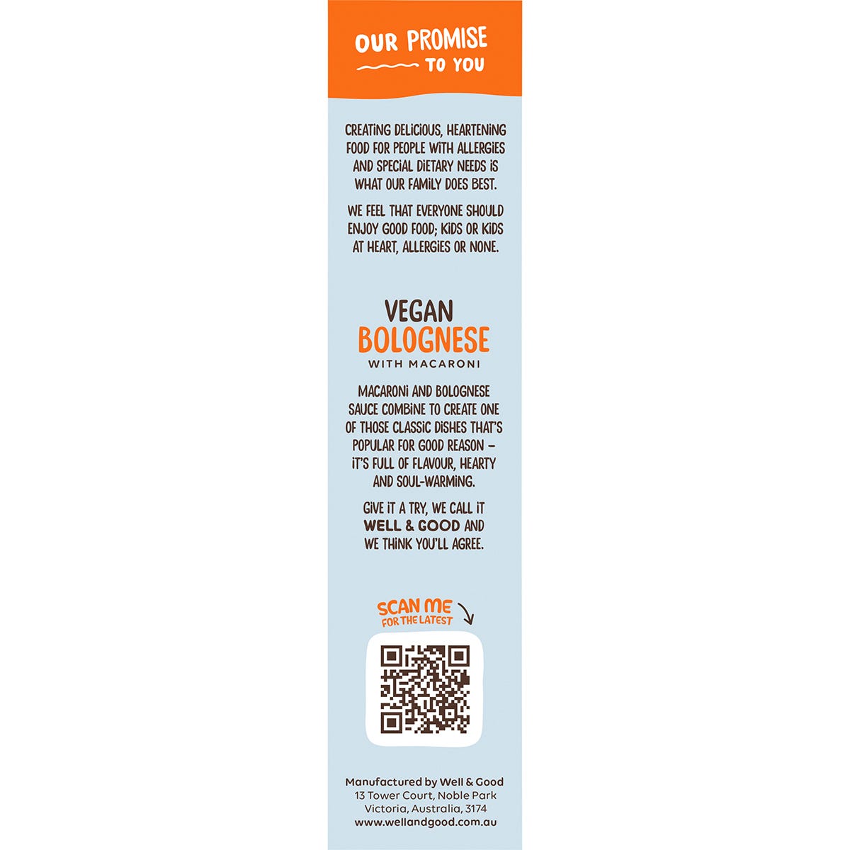 Left side of Well & Good Vegan Bolognese 110g box showing dietary logos and Australian-made certification.