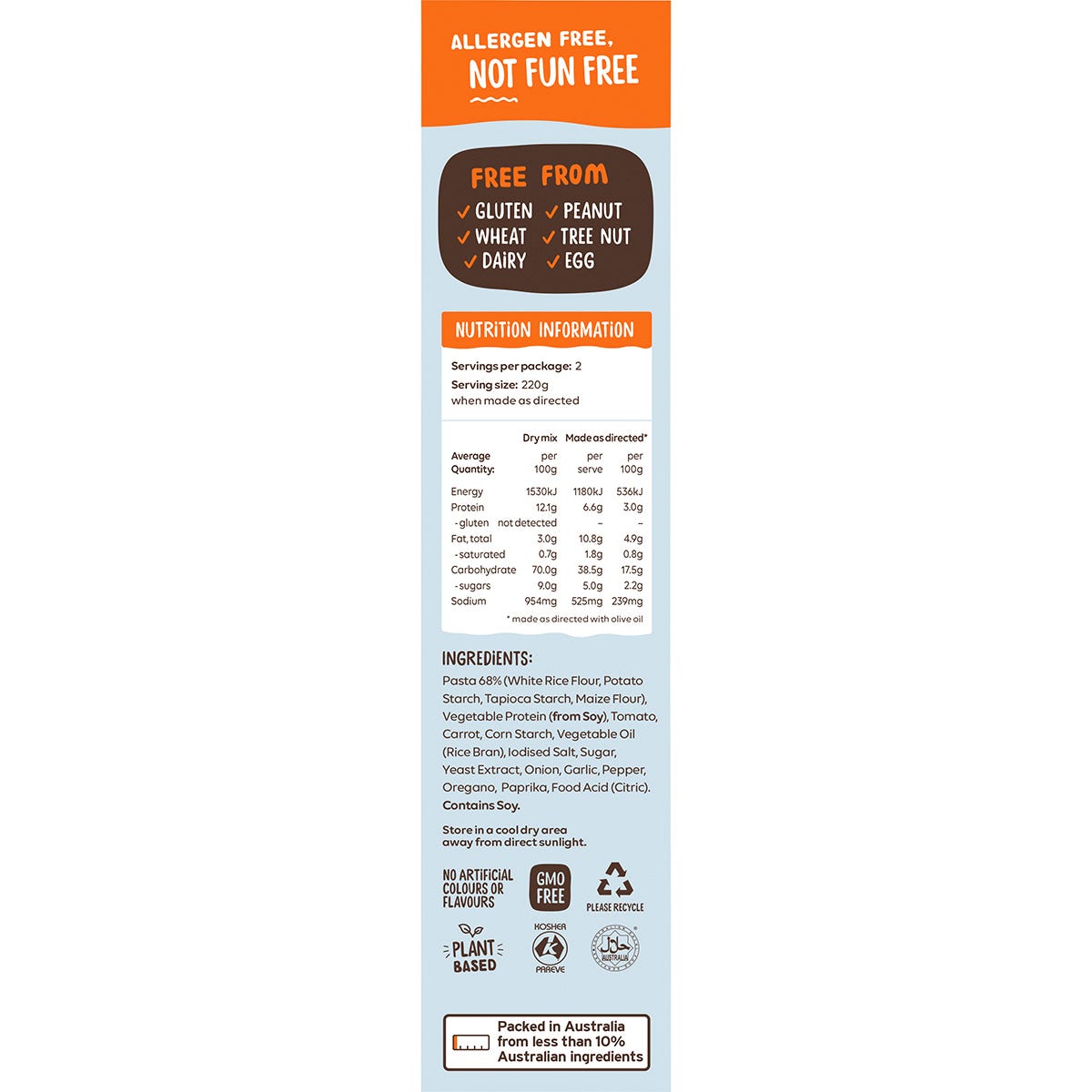 Right side of a Well & Good Vegan Bolognese 110g box showing nutritional information and health benefits.