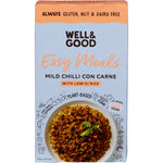 Well and Good Mild Chilli Con Carne with Low GI Rice 120g box featuring a plant-based Mexican meal.