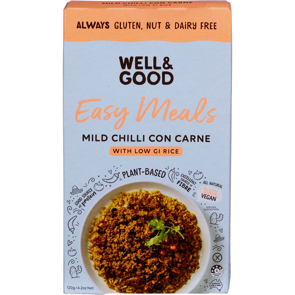 Well and Good Mild Chilli Con Carne with Low GI Rice 120g box featuring a plant-based Mexican meal.