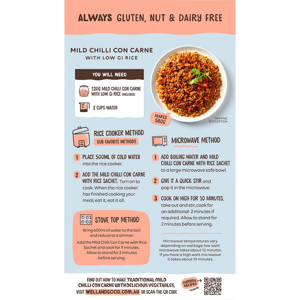 Back of Well & Good Mild Chilli Con Carne 120g box with ingredients, nutrition facts, and preparation steps.