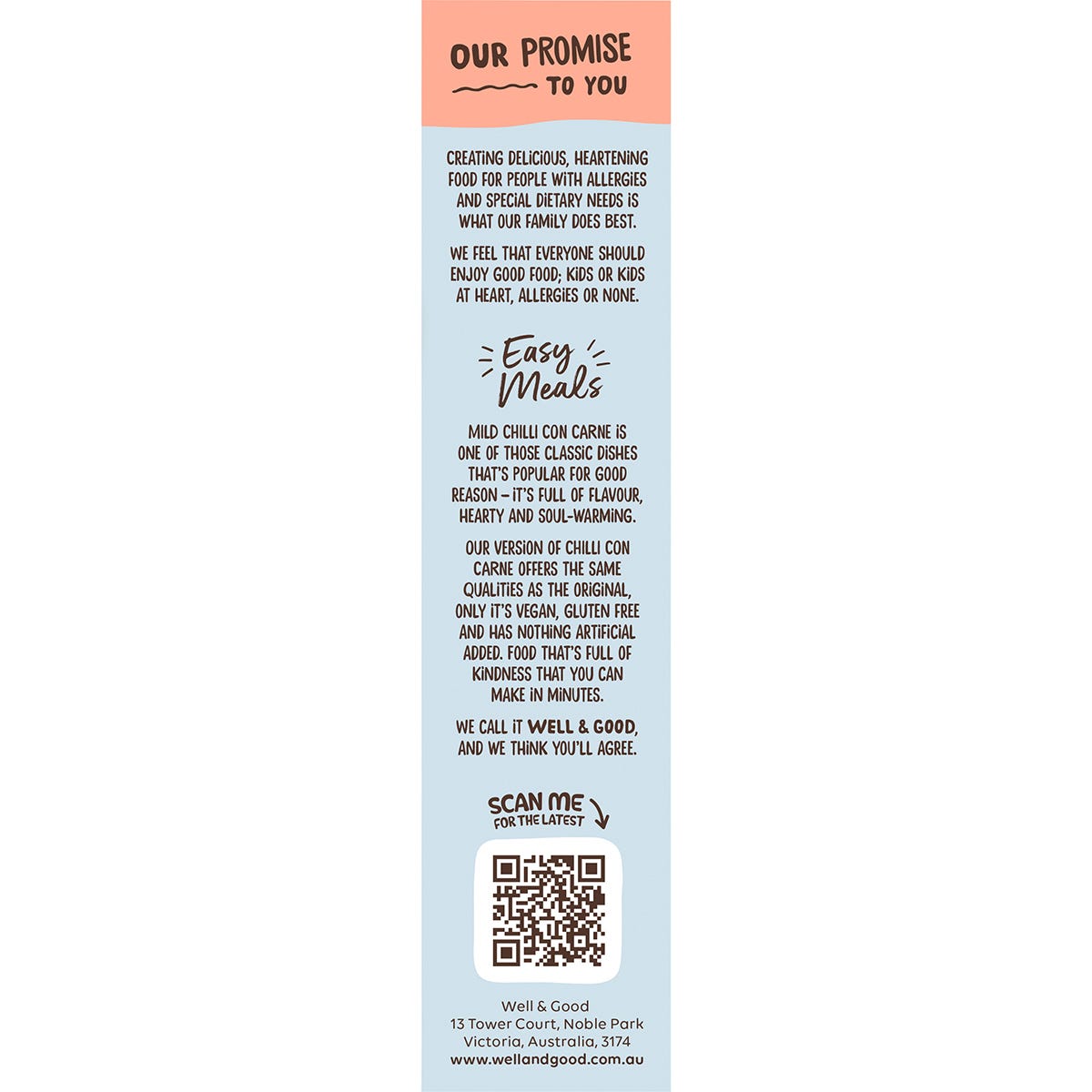 Side view of Well and Good Mild Chilli Con Carne box showing product features and 100% natural and gluten-free logos.
