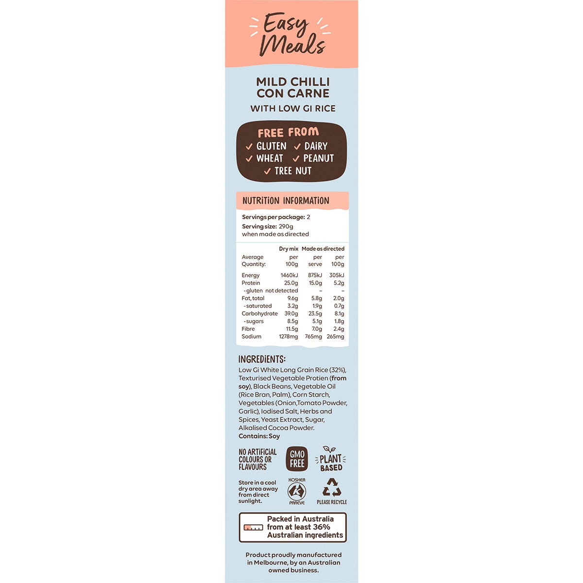 Side of Well & Good Mild Chilli Con Carne box showing "Plant-Based" and "Gluten Free" labels and product benefits.