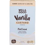 Well and Good Plant Based Vanilla Custard Powder 250g box with a bowl of yellow custard and a vanilla flower.