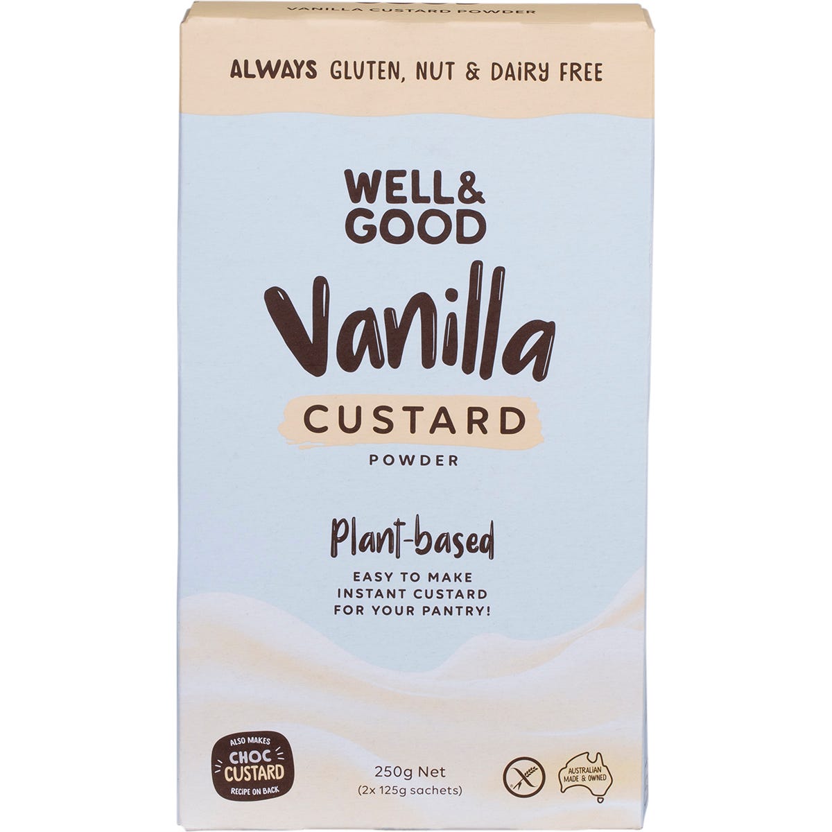 Well and Good Plant Based Vanilla Custard Powder 250g box with a bowl of yellow custard and a vanilla flower.