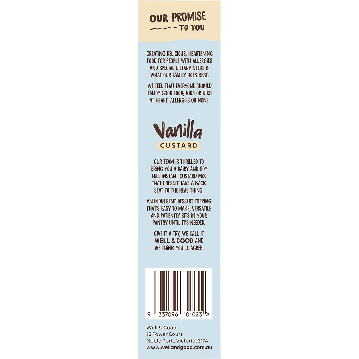 Left side of Well & Good Vanilla Custard Powder 250g box highlighting plant-based and allergen-free features.
