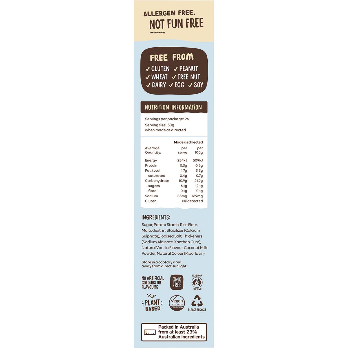 Right side of Well & Good Vanilla Custard Powder 250g box showing recipe ideas and serving suggestions.