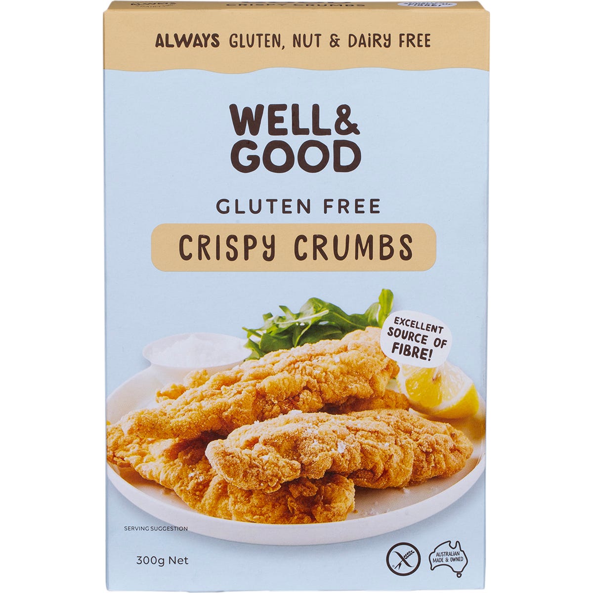300g box of Well & Good Gluten Free Crispy Crumbs featuring golden breadcrumbs and a bowl of breaded chicken.