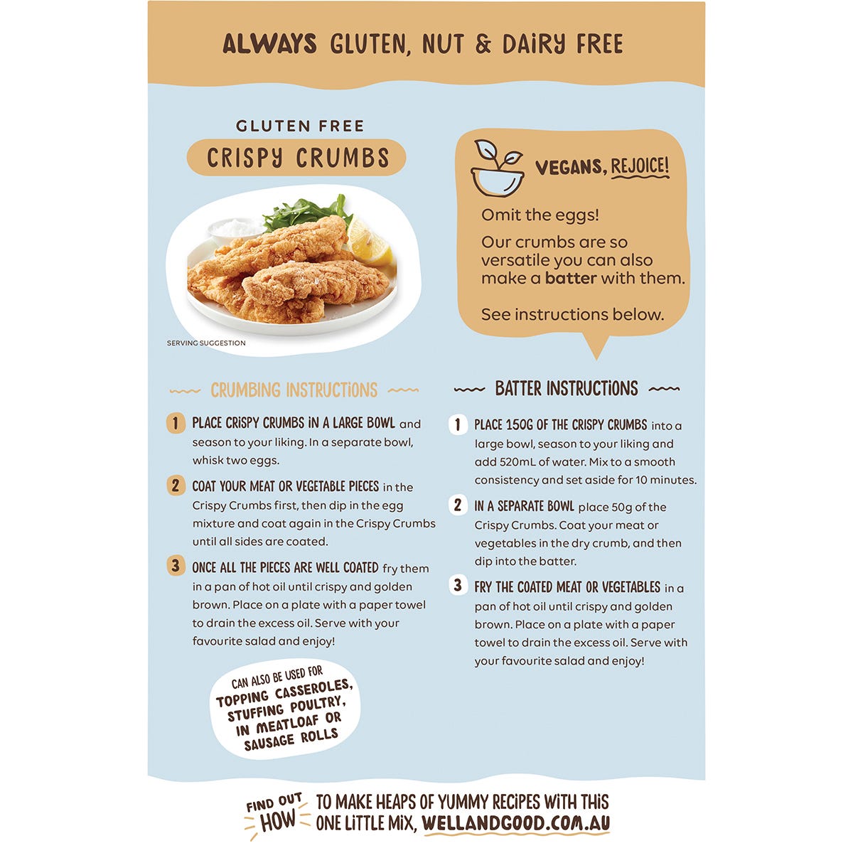 Back of Well & Good Crispy Crumbs 300g box with nutrition facts, ingredients, and preparation methods.