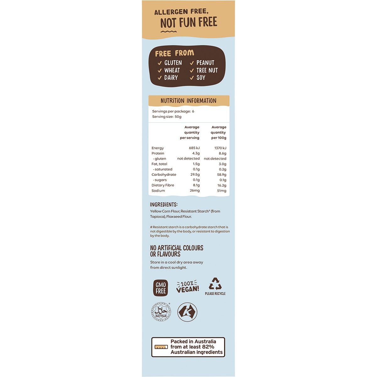 Side view of a Well & Good Crispy Crumbs 300g box highlighting its gluten-free and vegan-friendly features.