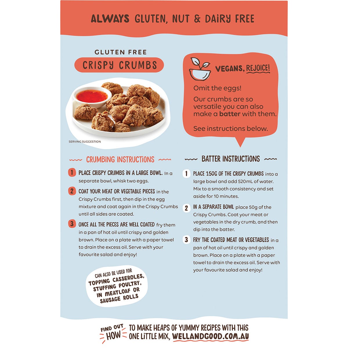 Back of Well & Good Southern Style Crispy Crumbs 300g pack with nutrition facts, ingredients, and preparation methods.