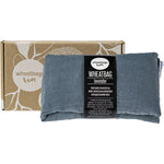 Wheatbag Luxe Linen Slate Lavender Scented wheat bag shown both folded and flat in its grey gift box.