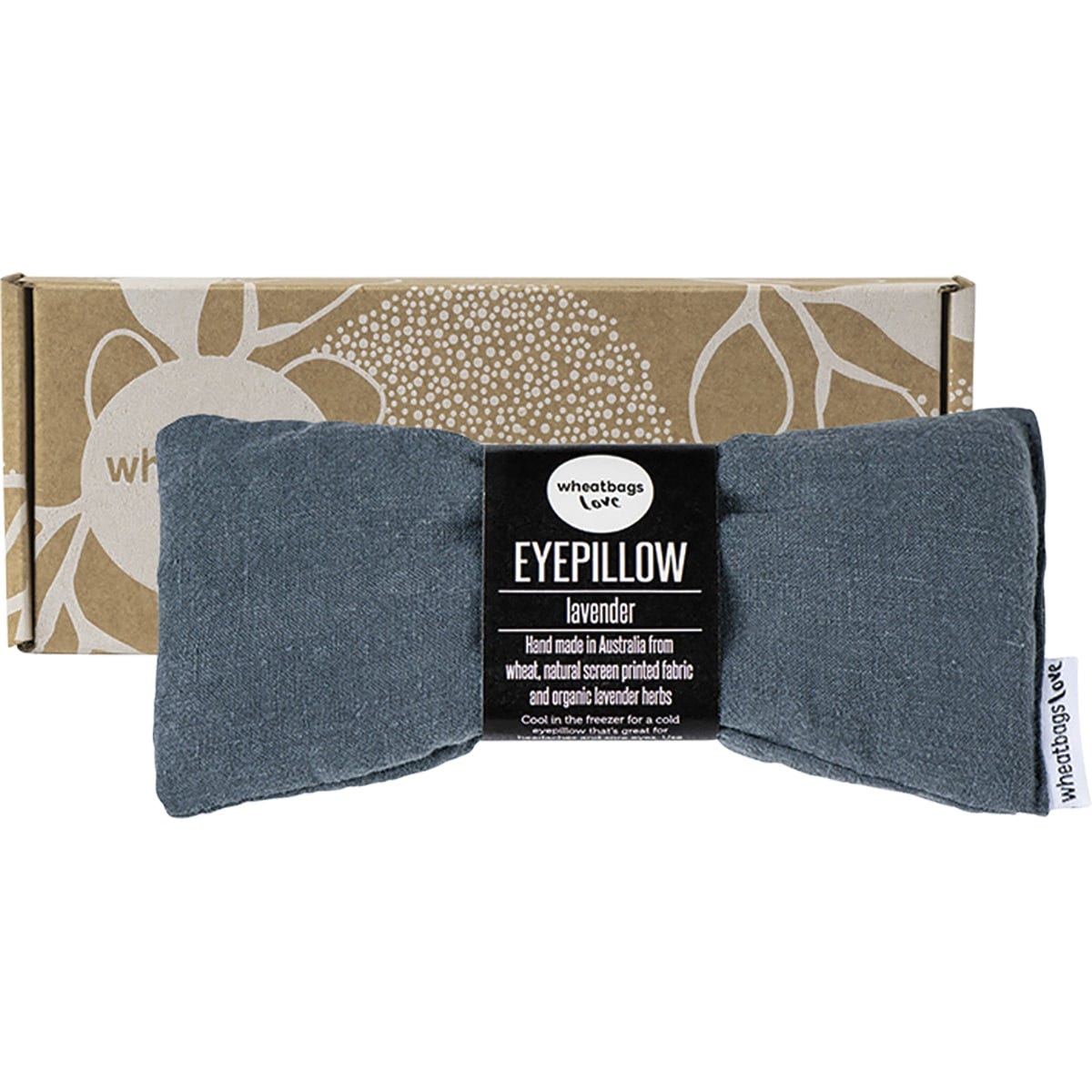 Slate grey Wheatbags Love luxe linen eyepillow with its gift box and lavender scent.