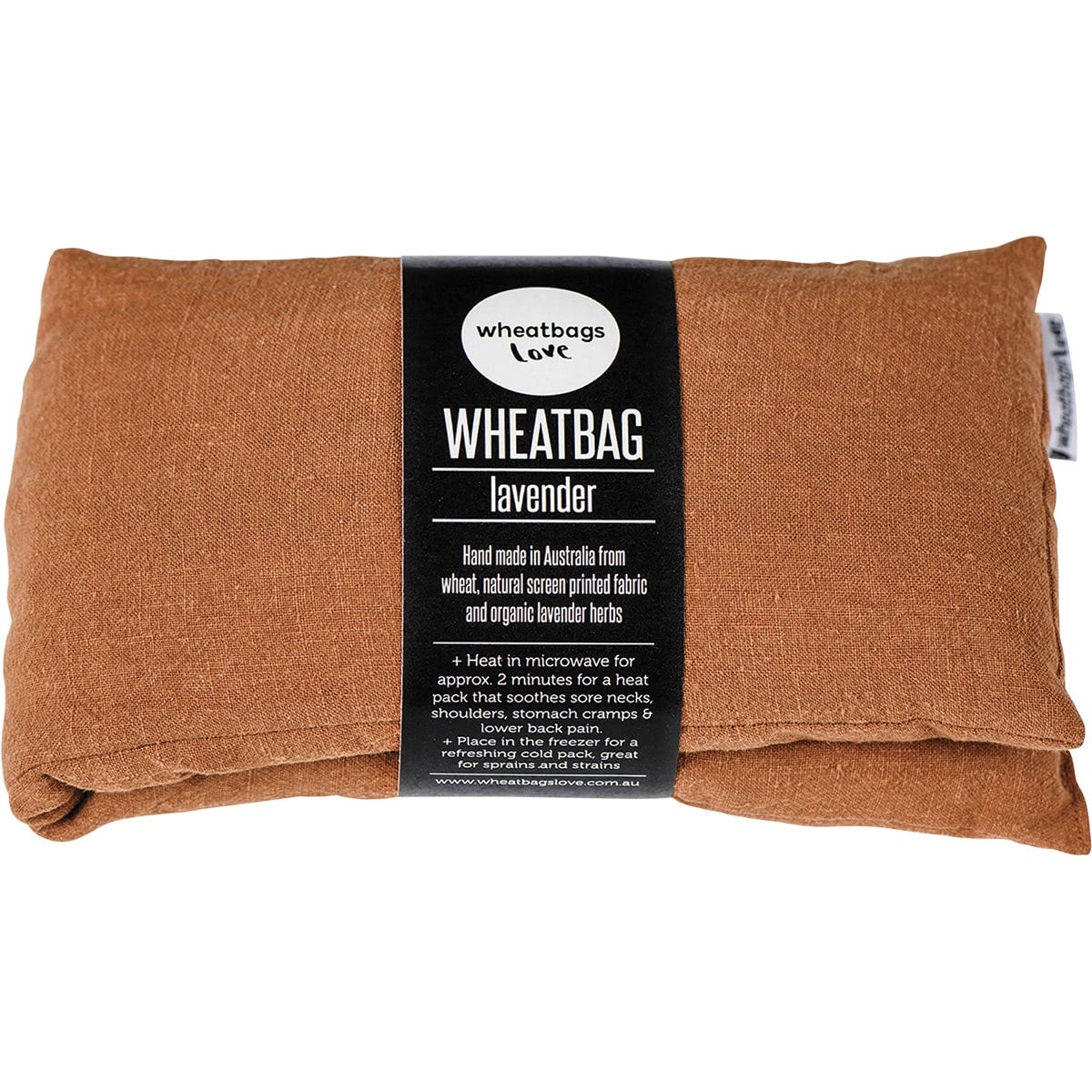Copper-colored French flax linen wheatbag with a calming lavender scent on a white background.