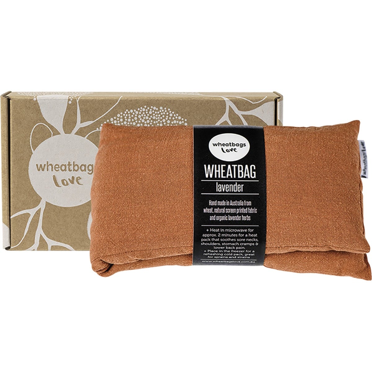 Copper-colored luxe linen wheatbag and its matching gift box, both infused with a calming lavender scent.