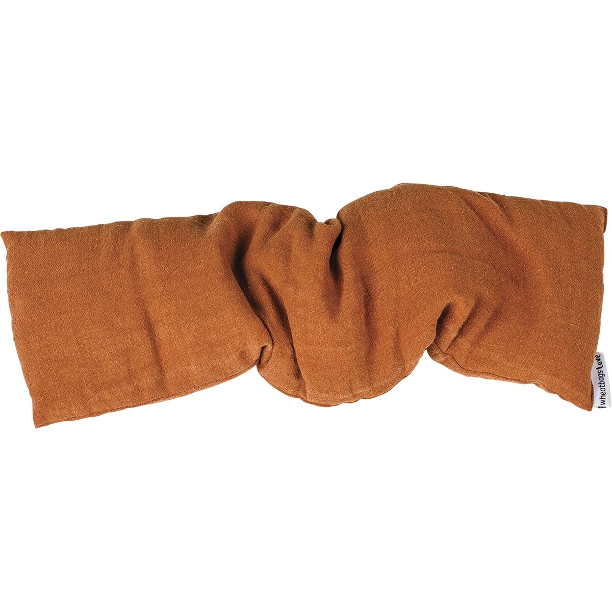 Copper-colored linen wheatbag folded in half inside its open white and blue gift box on a white background.
