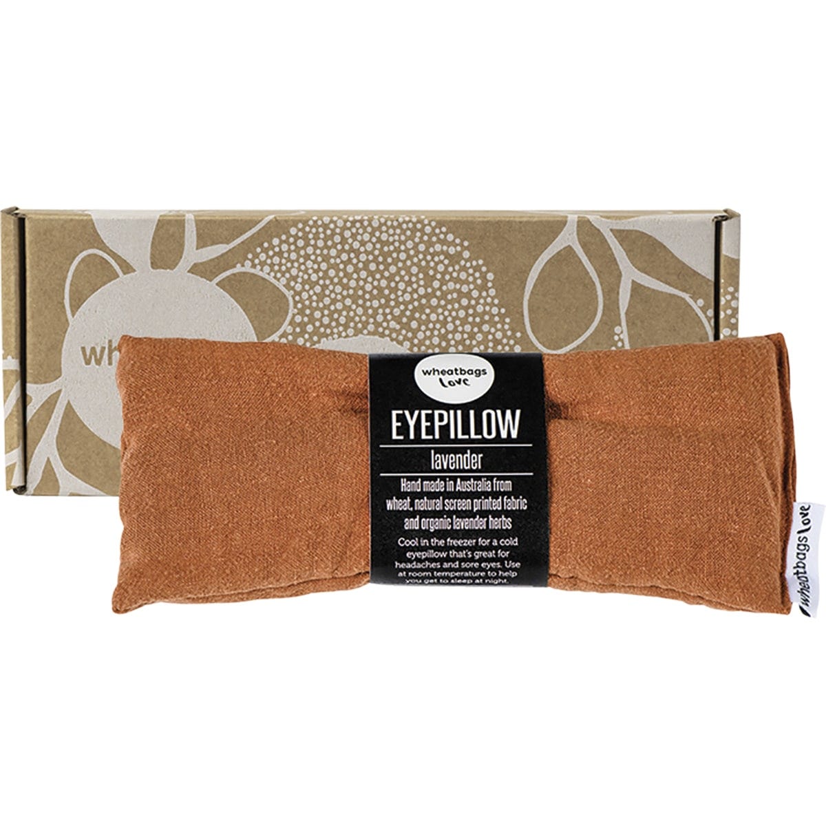 Copper linen lavender eye pillow shown flat and inside its matching white gift box.