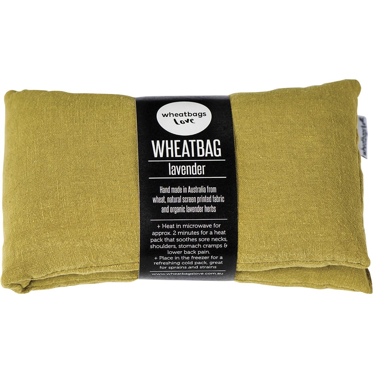 Pistachio green linen wheatbag scented with organic lavender and Australian wheat on a white background.
