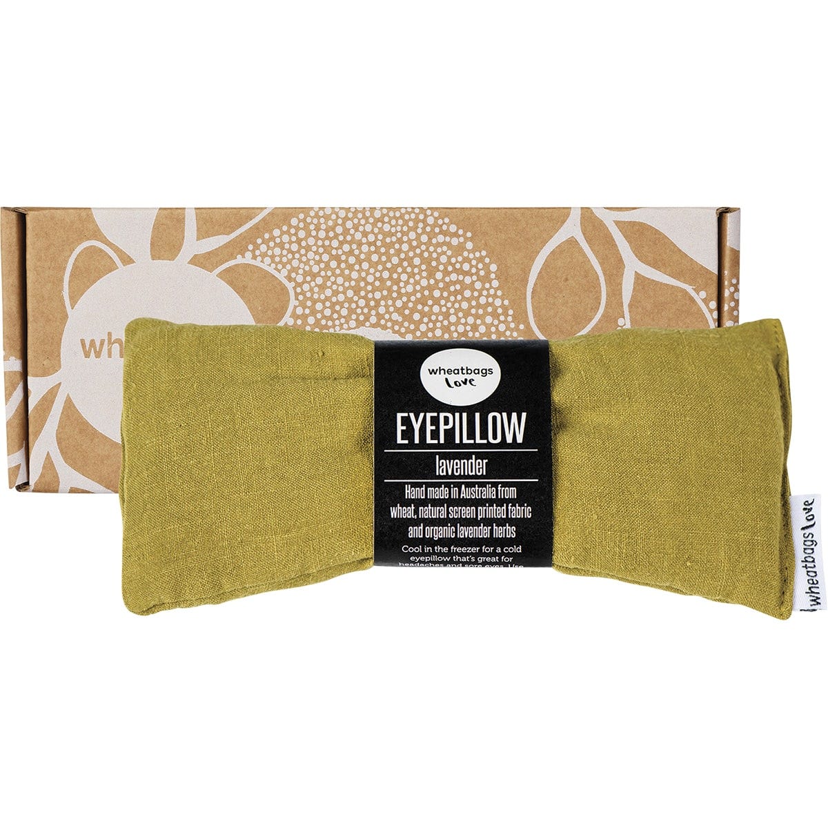 Pistachio green linen lavender scented eye pillow next to its white gift box on a white background.