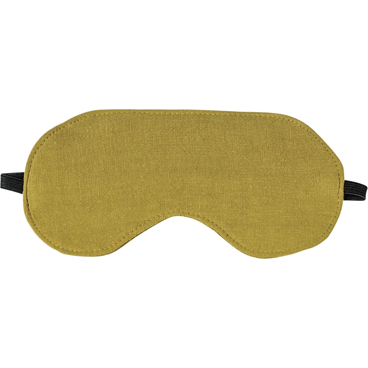 Pistachio green linen eye mask with a black elastic strap on a white background.