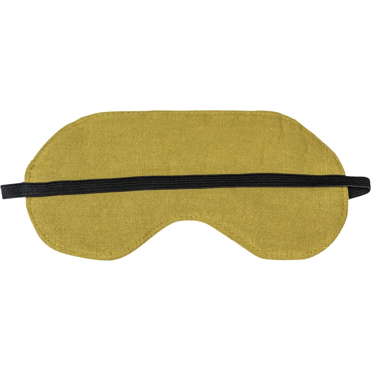 Back of a pistachio green linen eye mask showing the black elastic strap and soft fabric texture.