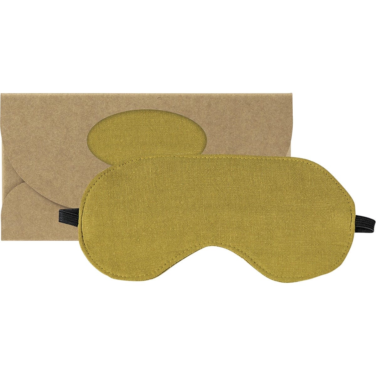 Pistachio green linen eye mask with a black elastic strap, shown next to its white and green gift box.