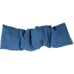 Blue French flax linen wheatbag, lavender scented, shown folded inside its gift box on a white background.