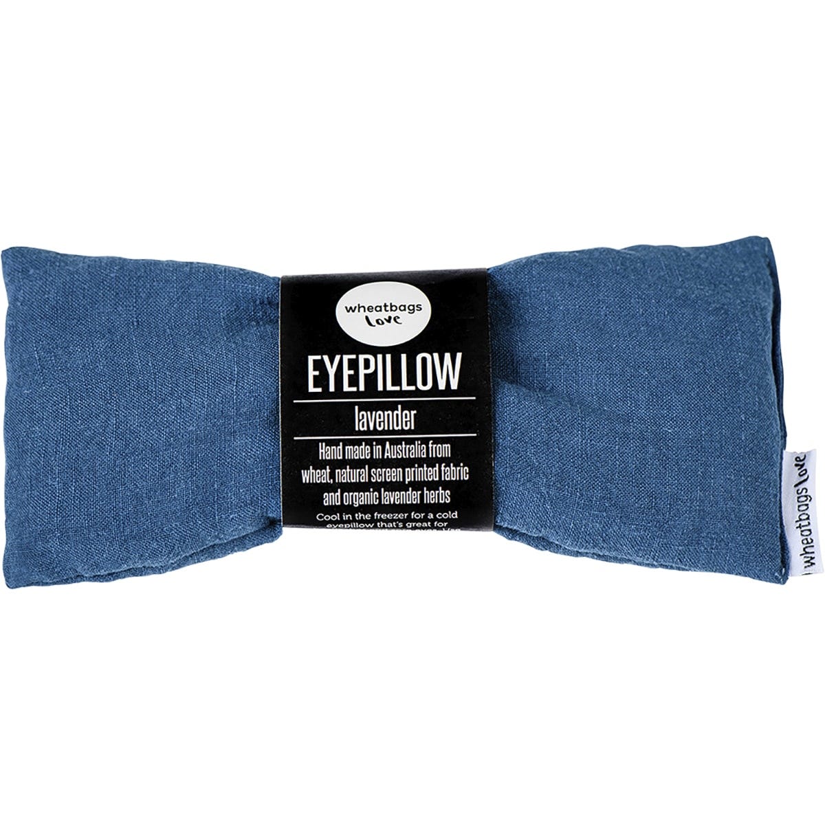Ocean blue Wheatbags Love luxe linen lavender scented eye pillow on a white background.
