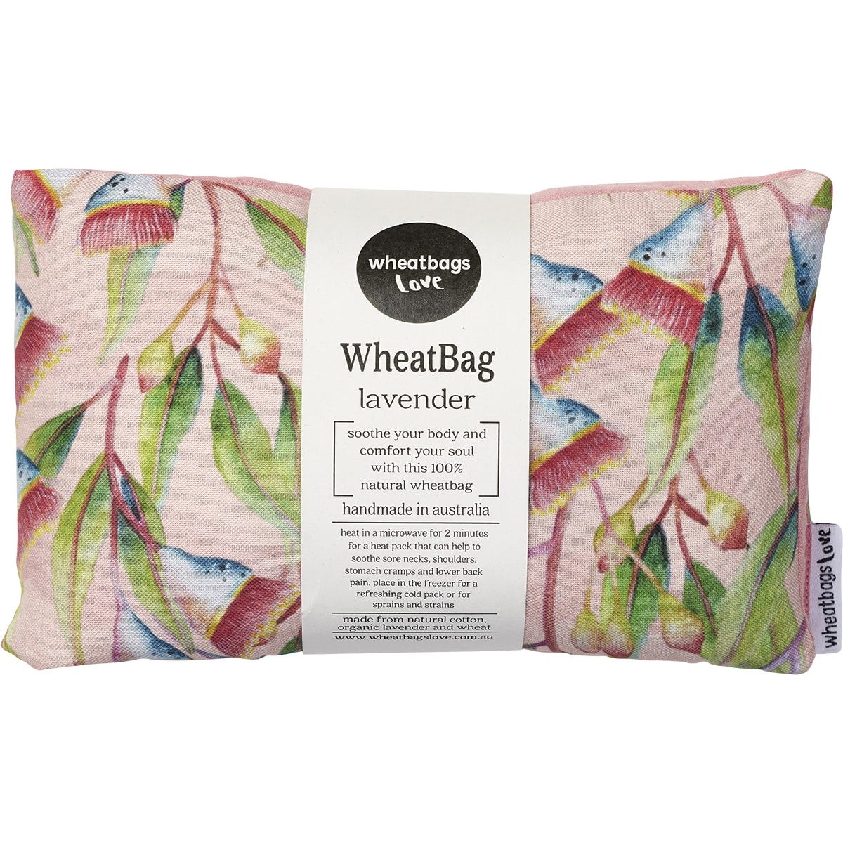 Wheatbag with a native Australian gum blossom floral print on a white background.