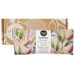 Gum blossom lavender eyepillow with a pink backing, shown both flat and folded inside its white gift box.